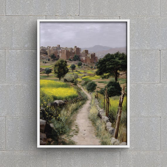 Yemen Landscape Wall Art Mountain Village Oil Painting Middle Eastern Architecture Print Terraced Fields Mud Brick Houses