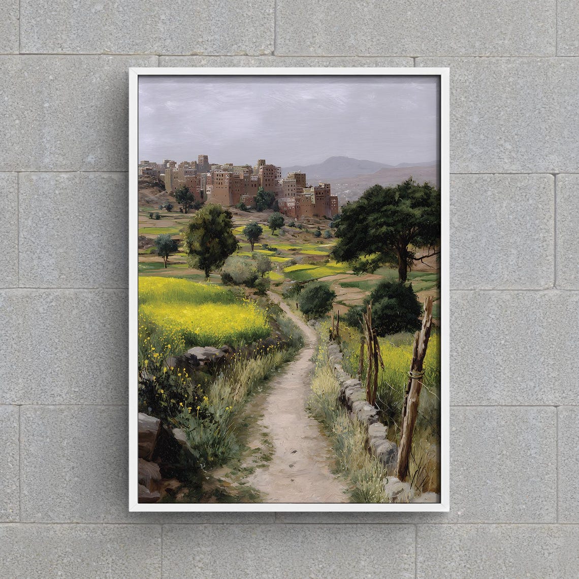 Yemen Mountain Village With Terraced Fields Yellow Blooms Oil Poster