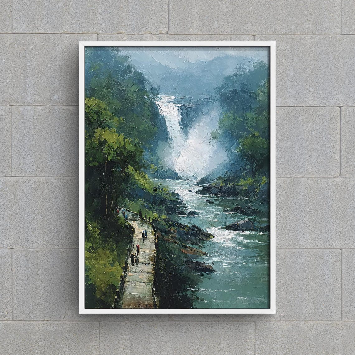 Misty Tropical Waterfall Painting With Jungle River And Hikers Poster