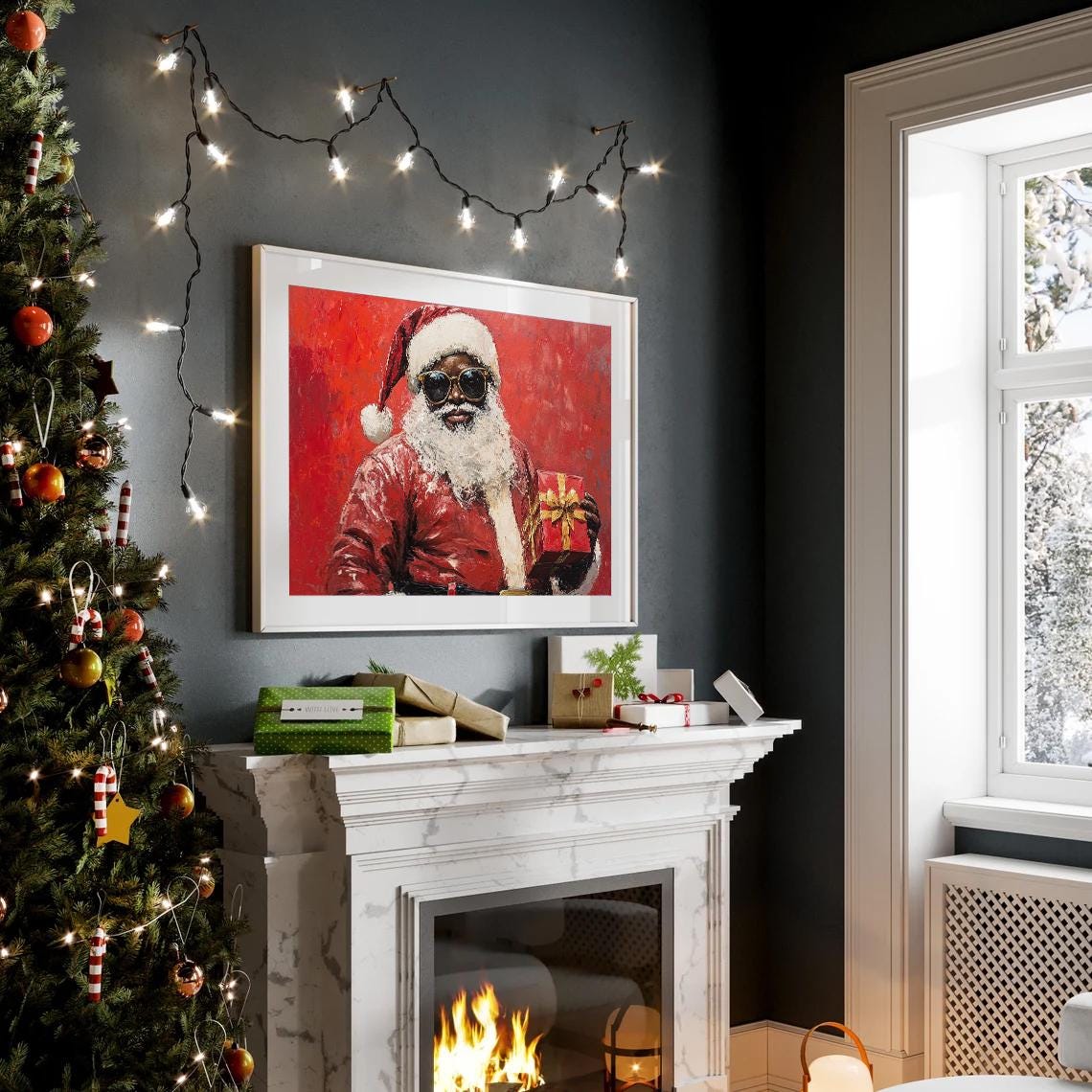 Cool Black Santa with Sunglasses Holding Gift Bold Red Painting Poster - Image 2