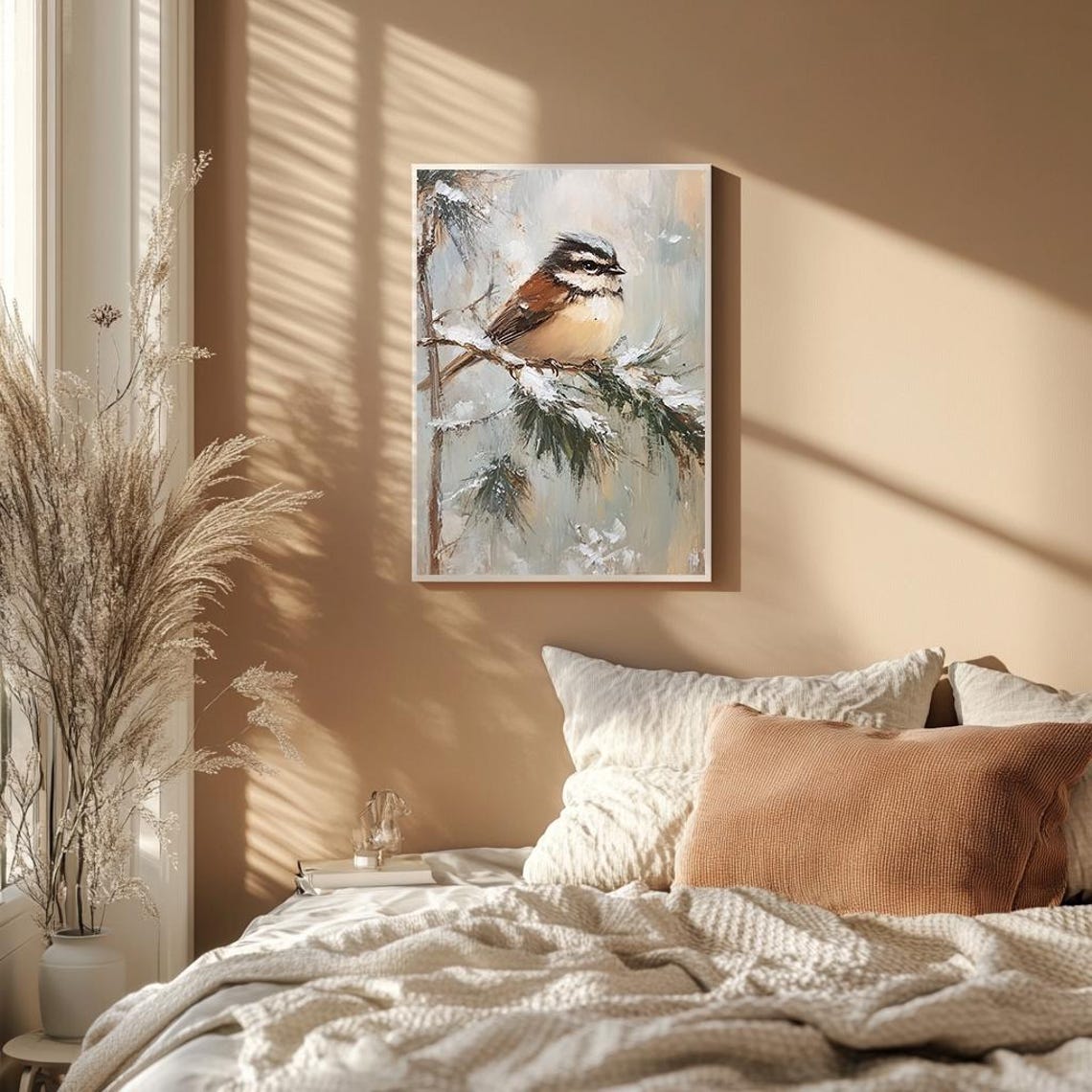 Chickadee Perched On Snowy Pine Branch Winter Bird Painting Poster