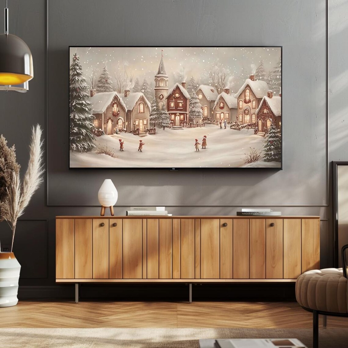 Cozy Christmas Village Church Children in Snow Warm Art Poster - Image 4