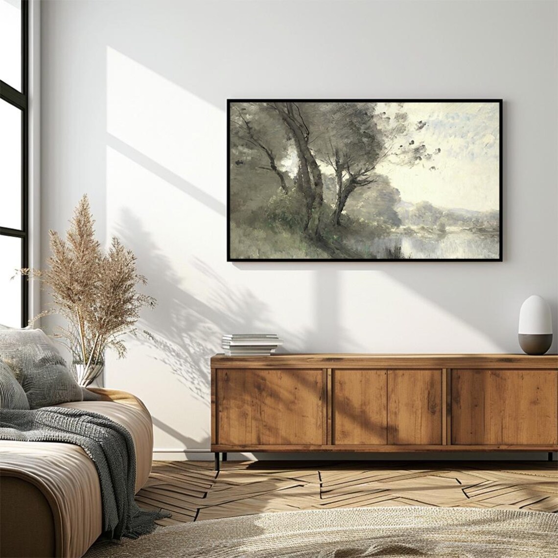 Tall Trees Along Misty Riverbank Romantic Vintage Oil Landscape Poster - Image 4