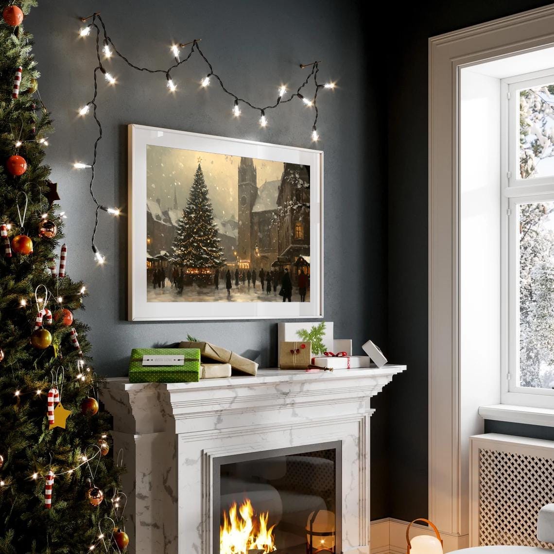 Christmas Market Lit Tree Dusk Snowfall Vintage Holiday Poster - Image 2