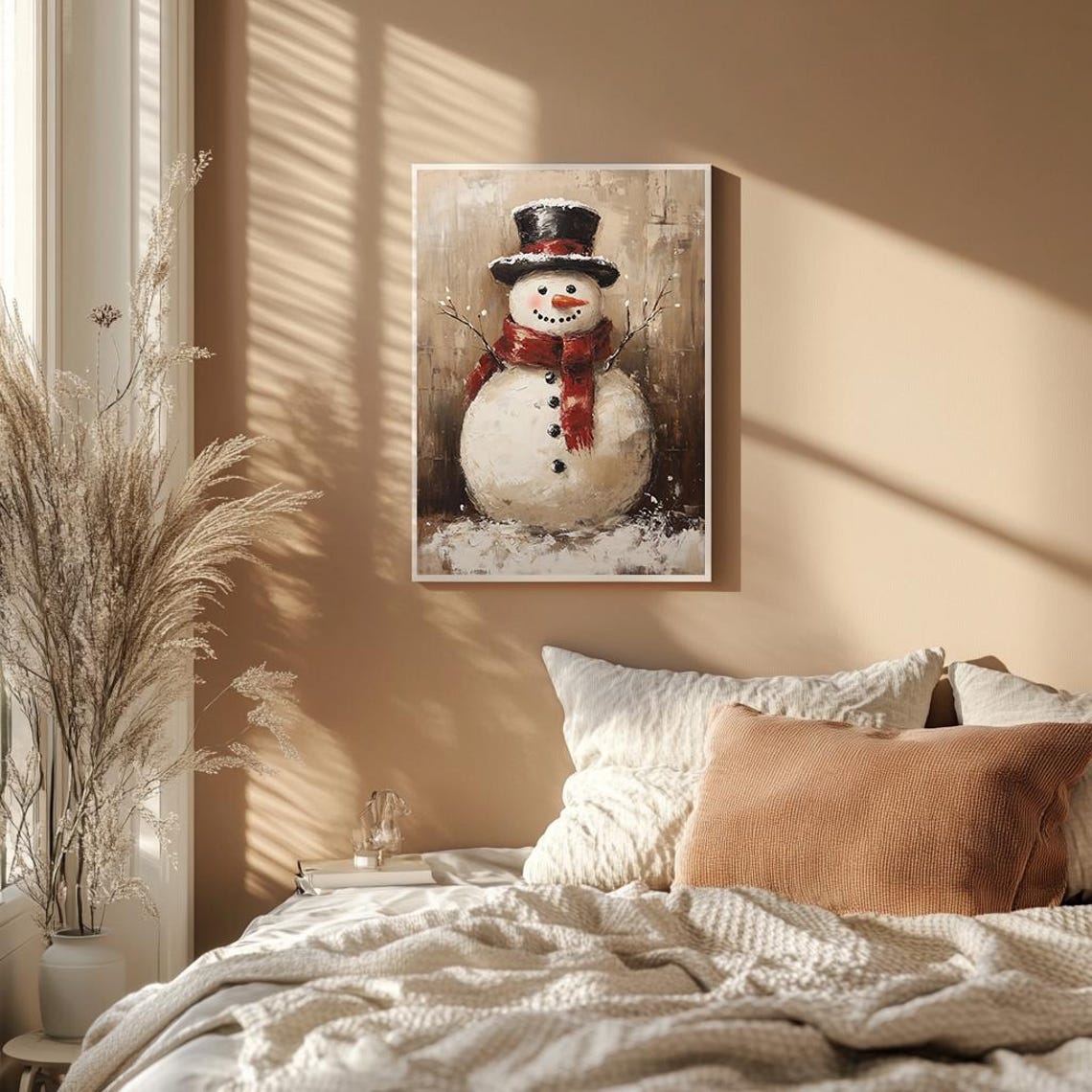 Rustic Snowman With Top Hat And Red Scarf Winter Scene Poster - Image 2
