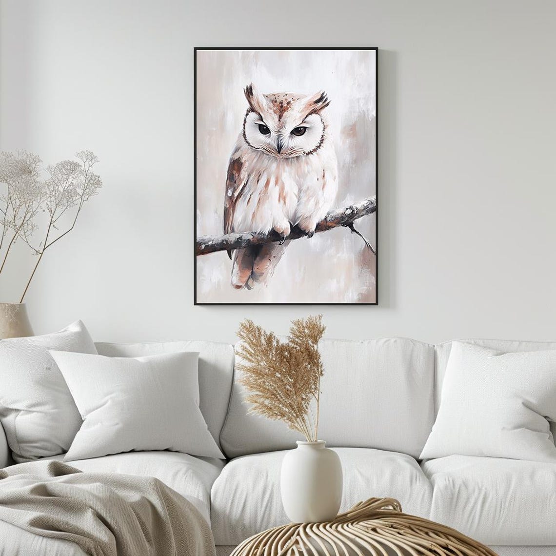 White Owl Perched on Snowy Branch Soft Winter Wildlife Painting Poster - Image 5