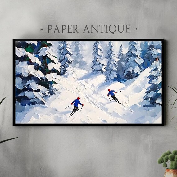 Two Skiers Descending Snowy Mountain Trail Oil Painting Winter Poster