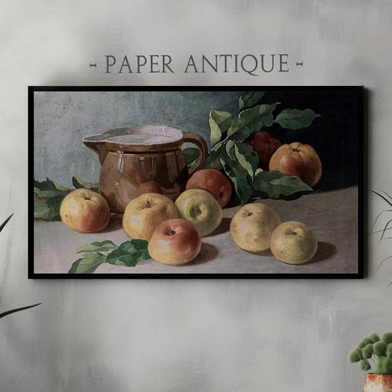 Frame Tv Art Vintage Still Life With Apples And Ceramic Jug Realistic Oil Painting Rustic Farmhouse Decor Frame Tv Art