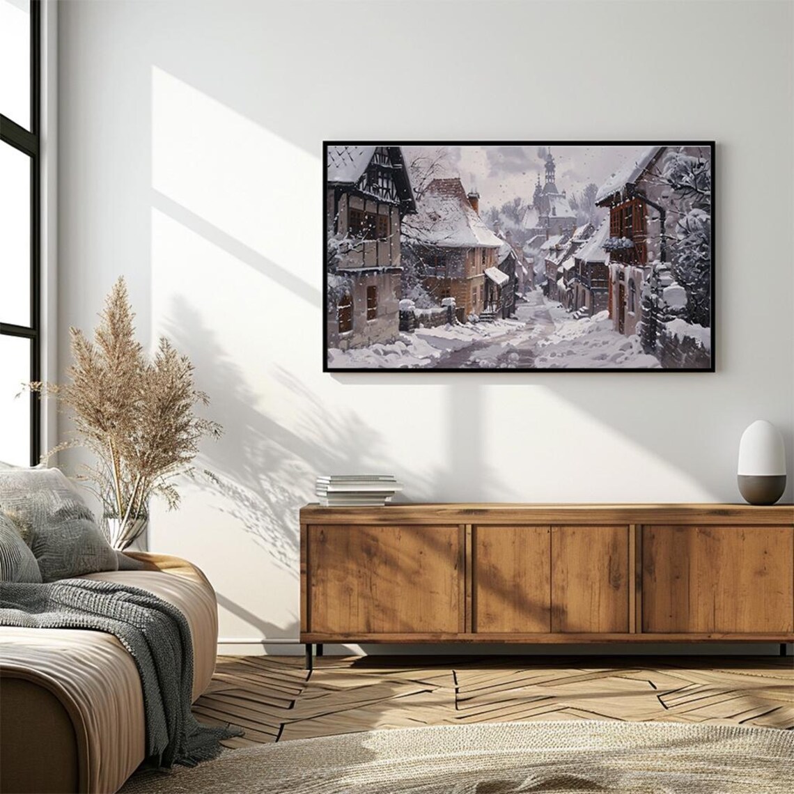 Snowy European Old Town Street Half Timbered Winter Painting Poster - Image 4