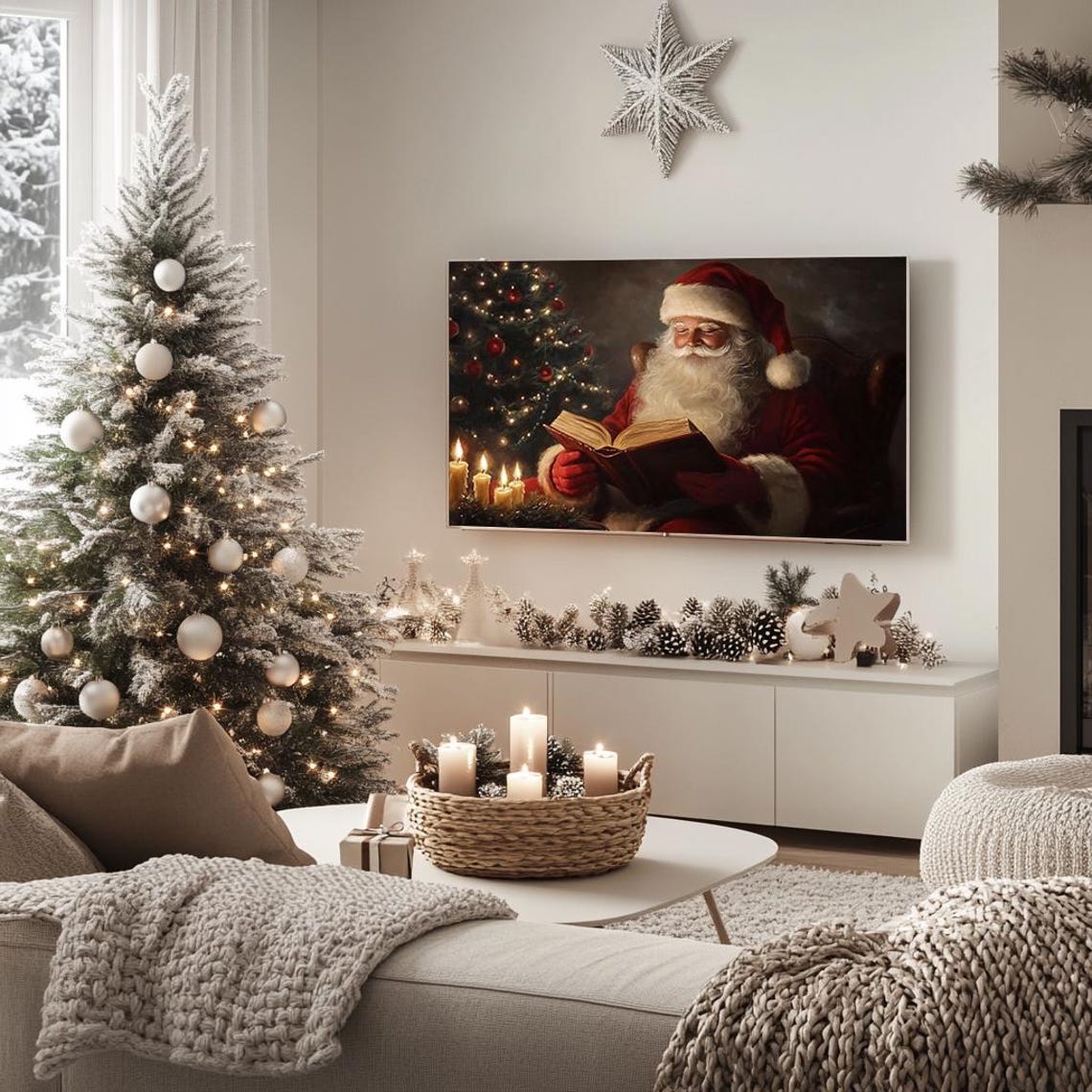 Santa Claus Reading by Christmas Tree Candlelight Oil Poster - Image 5