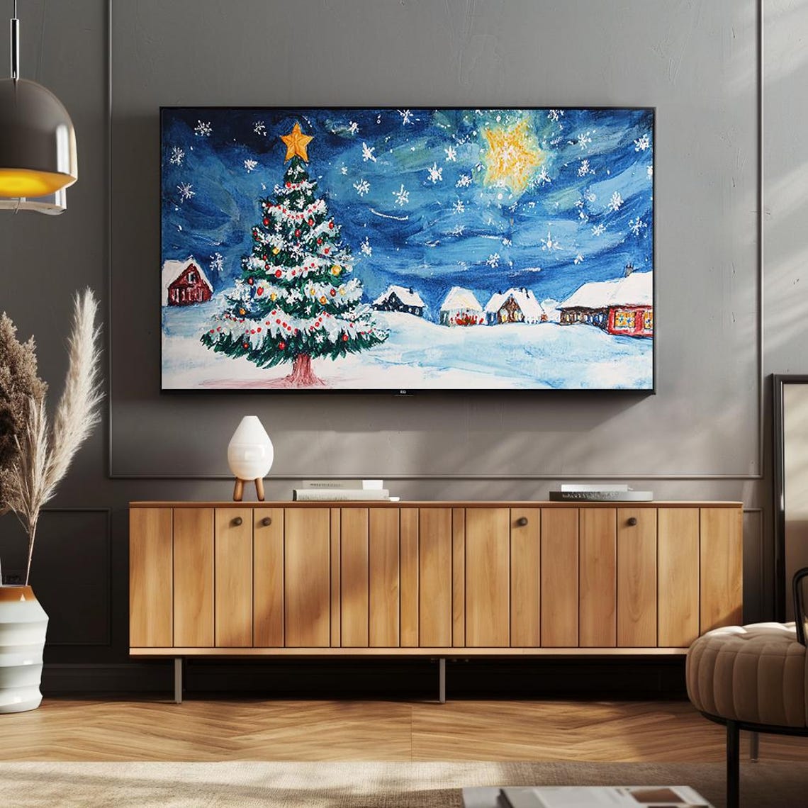 Christmas Tree in Snowy Village Hand Painted Starry Night Poster - Image 4