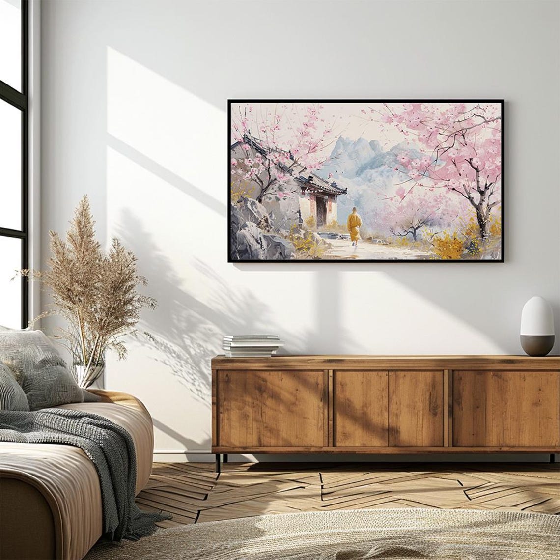Cherry Blossom Spring Temple Monk Mountain Serene Landscape Poster - Image 4