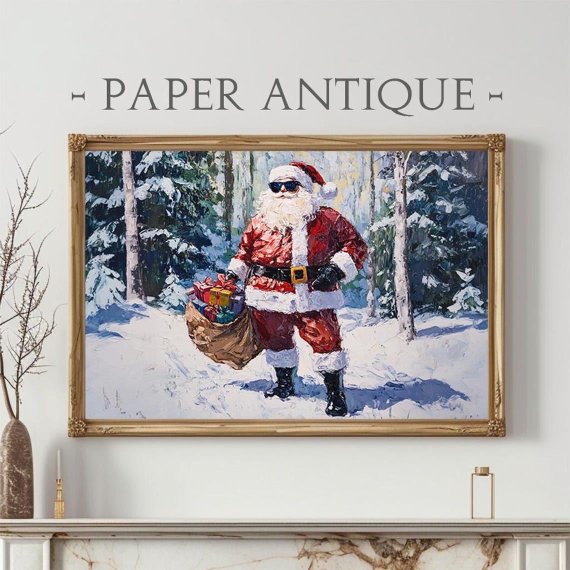 Cool Santa Sunglasses Gift Sack Snowy Forest Impasto Art Poster