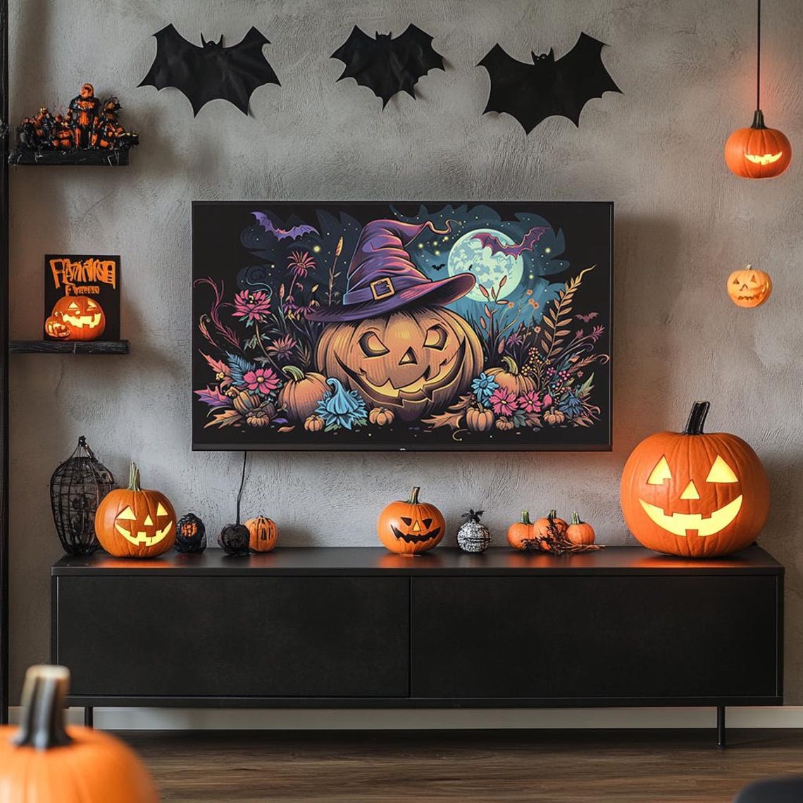 Halloween Pumpkin in Witch Hat Moonlight Gothic Floral Poster - Image 5