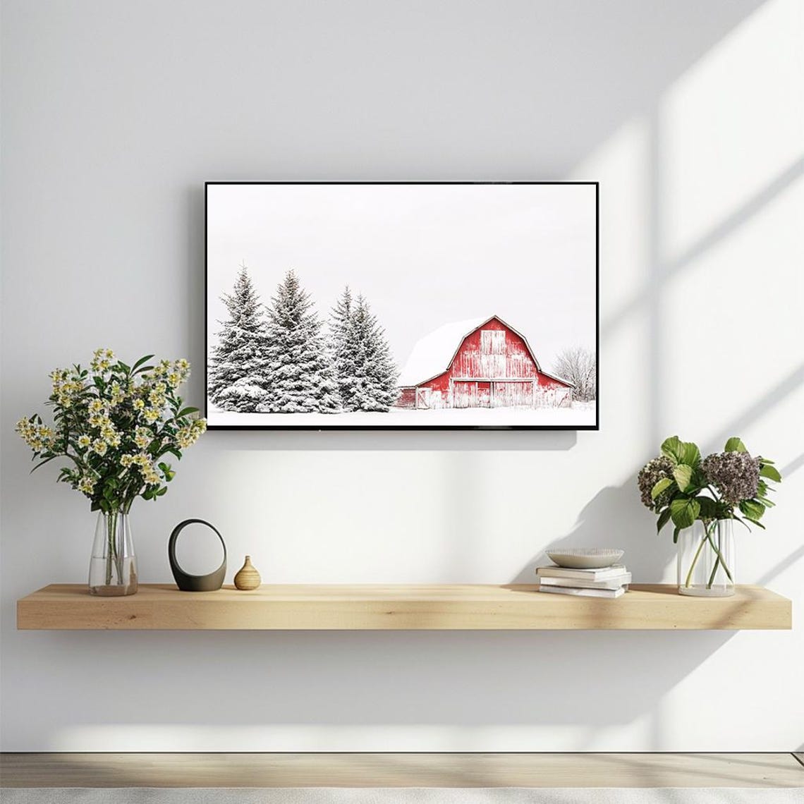 Snowy Red Barn With Evergreen Trees Bright Winter Panorama Poster - Image 2