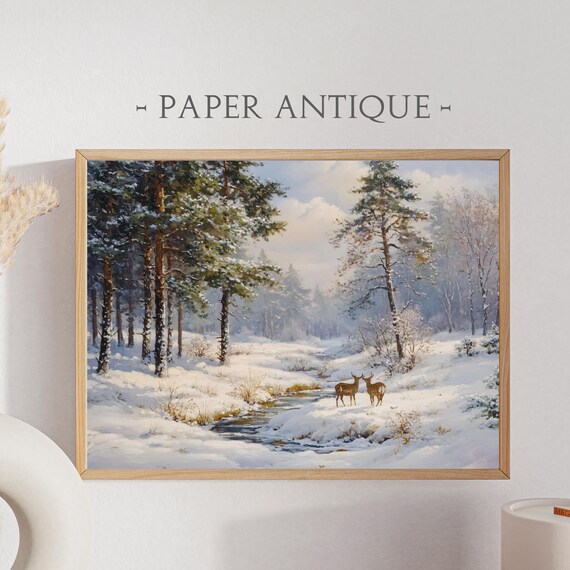 Deer by Stream Snowy Forest Realistic Winter Painting Poster