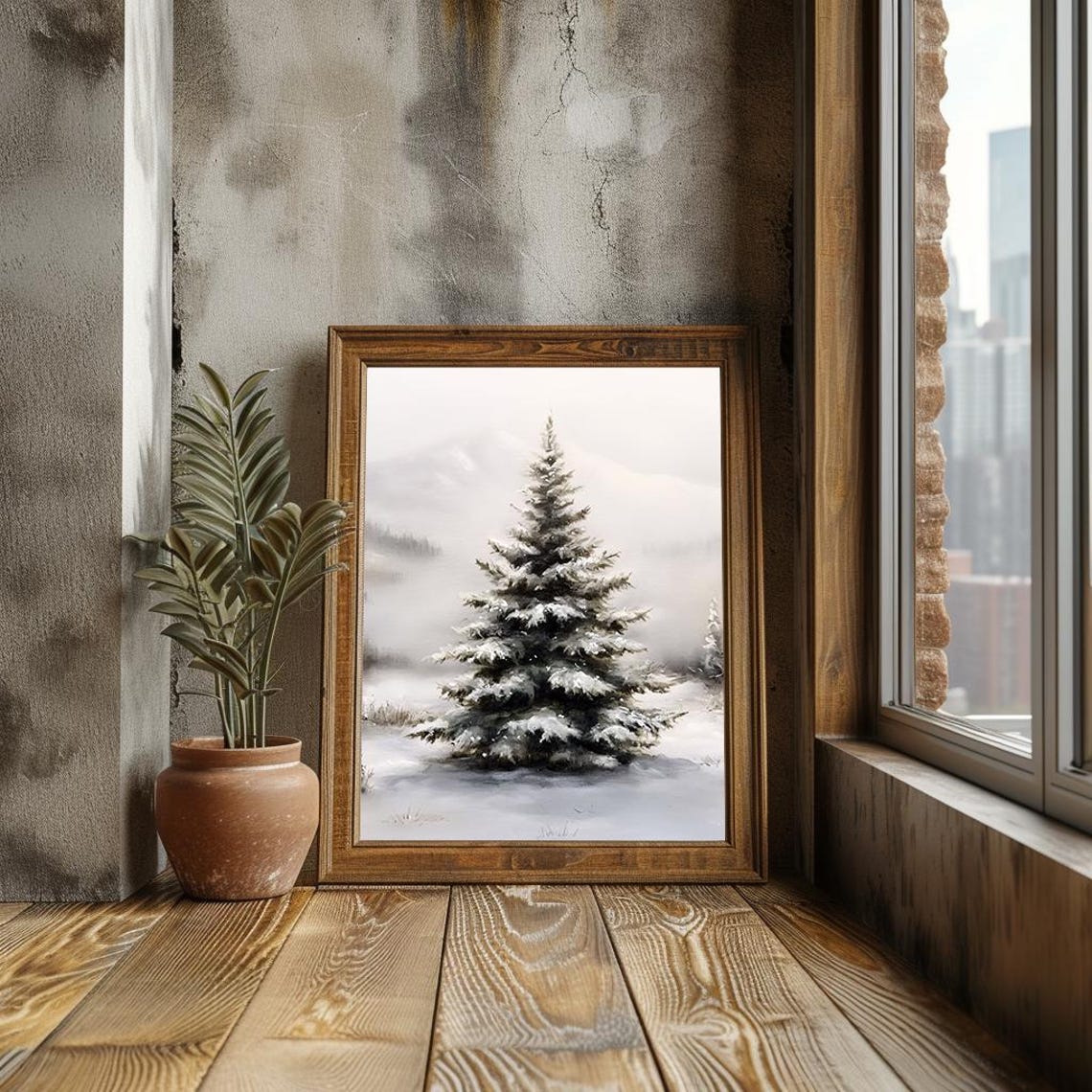 Snowy Pine Tree in Misty Winter Forest Classic Oil Painting Poster - Image 3