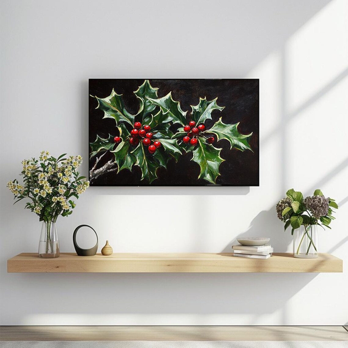 Holly Leaves Red Berries Botanical Oil Painting Christmas Poster - Image 2