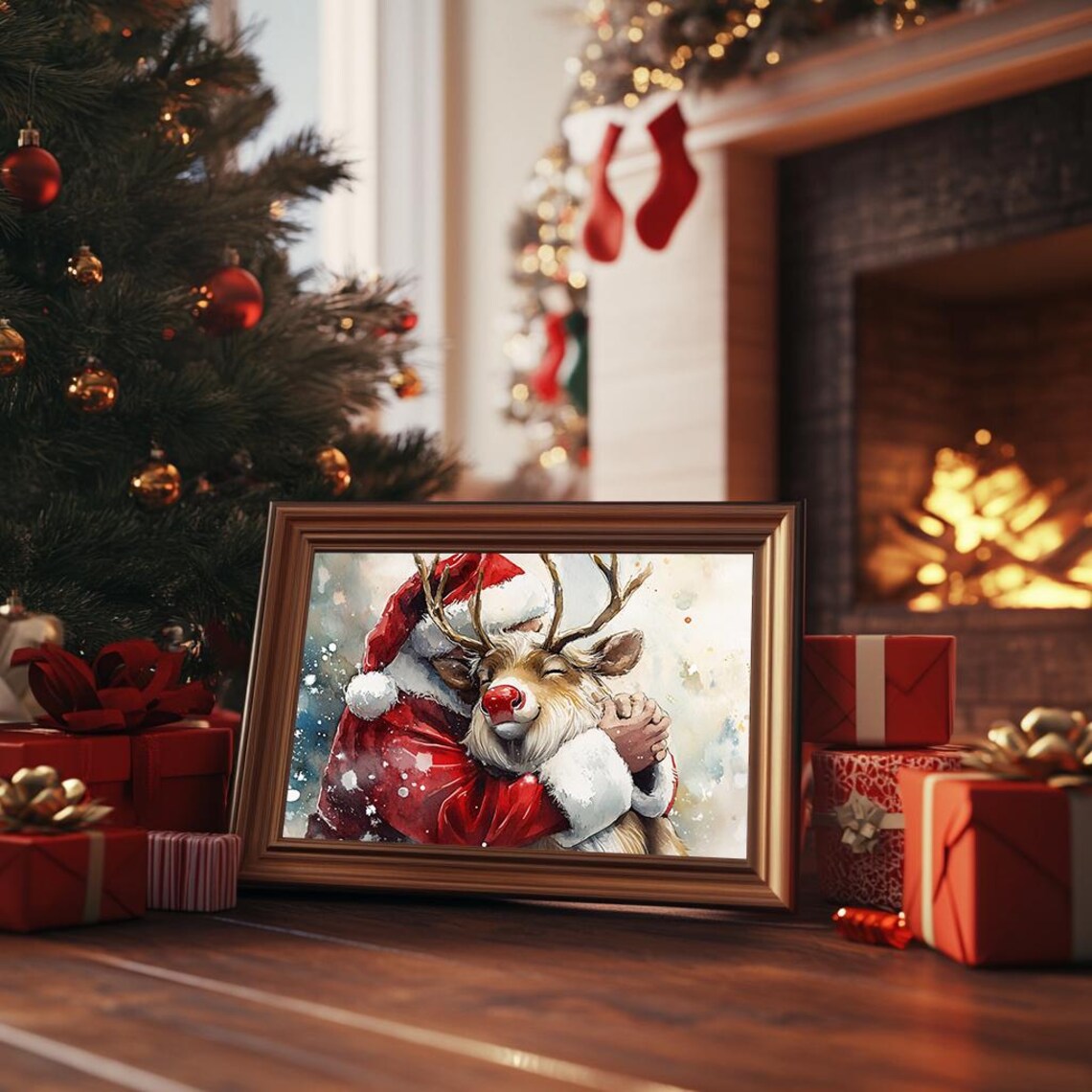 Santa And Rudolph Watercolor Painting Festive Christmas Hug Poster - Image 3