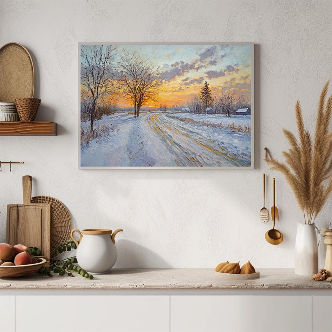 Winter Sunset Snow Road Golden Light Impressionist Painting Poster - Image 2