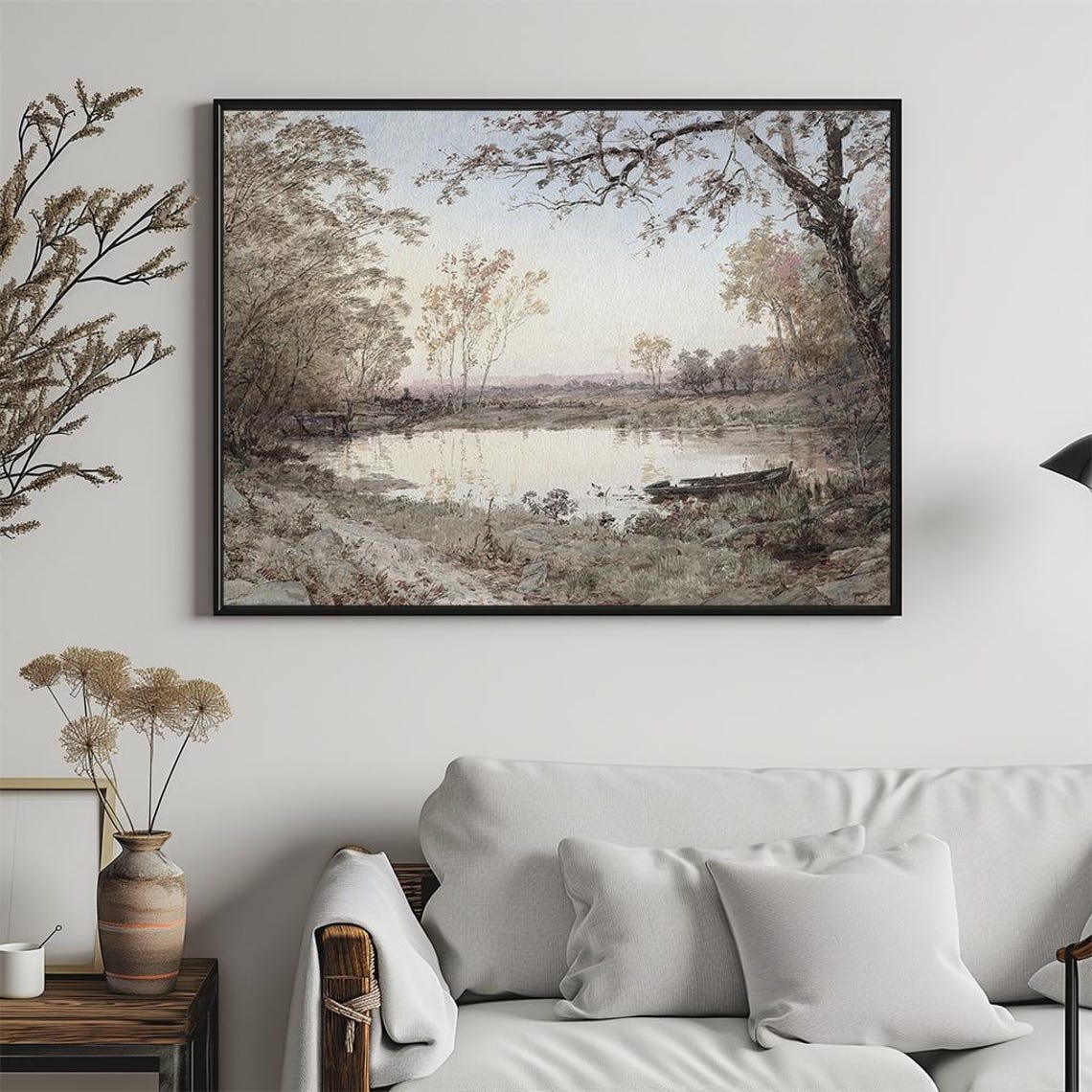Serene Riverbank Watercolor Trees Canoe Peaceful Morning Poster - Image 5