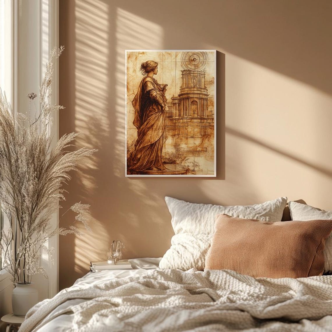 Classical Statue And Architecture Sketch Historic Art Sepia Tones Detailed Drawing Timeless Wall Art Print Pt - Image 2