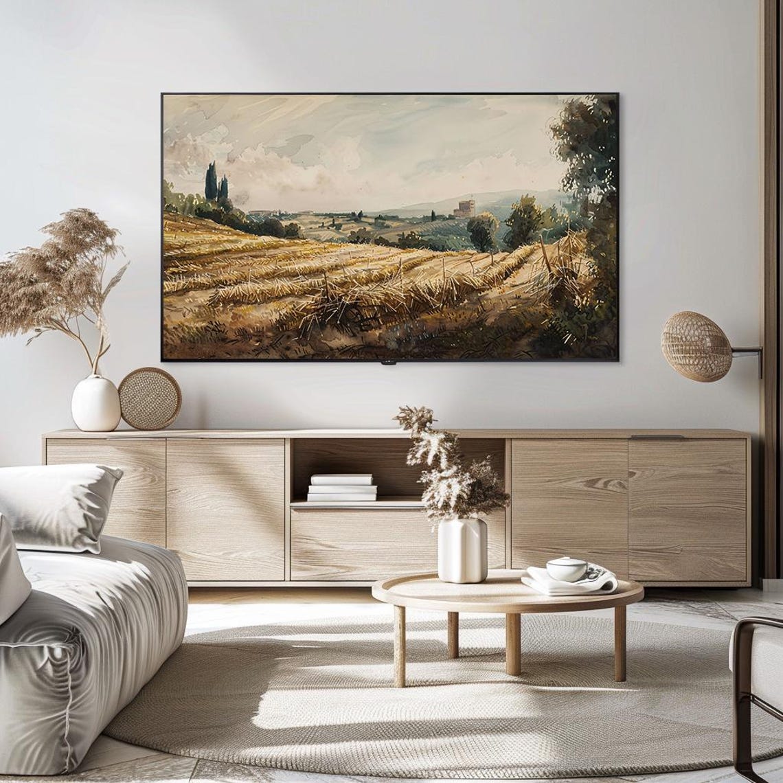 Sunlit Golden Wheat Field with Cypress Trees and Villa View Poster - Image 5