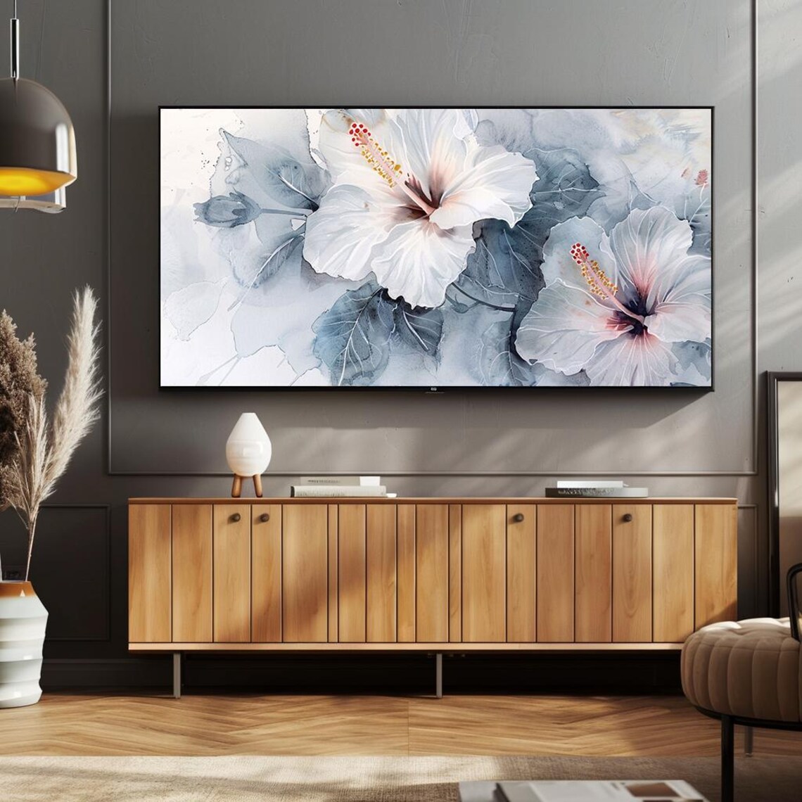 White Hibiscus Ink Wash Painting Blue Grey Floral Art Poster - Image 2