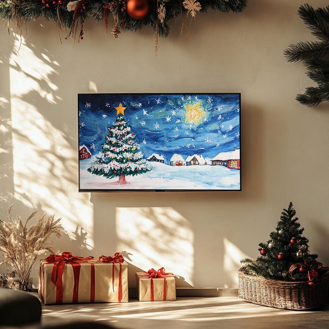 Christmas Tree in Snowy Village Hand Painted Starry Night Poster - Image 3