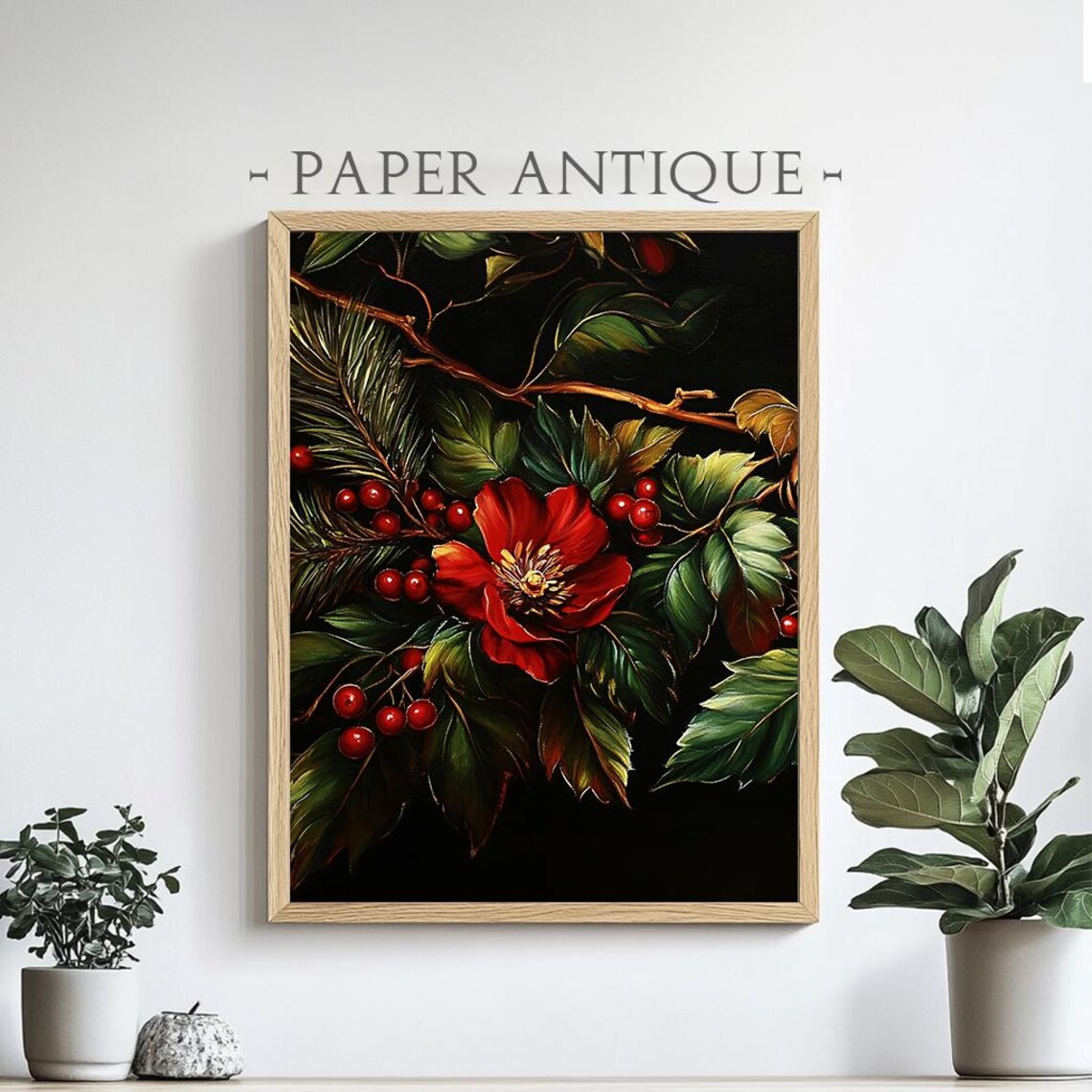 Christmas Floral Arrangement Red Poinsettia And Berries Vintage Holiday Oil Painting Wall Art Print Pt
