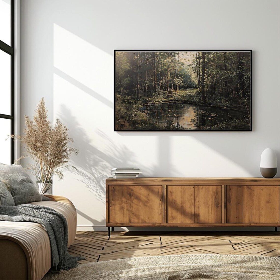 Tranquil Forest Pond Painting Dark Green Woodland Scenery Poster - Image 4