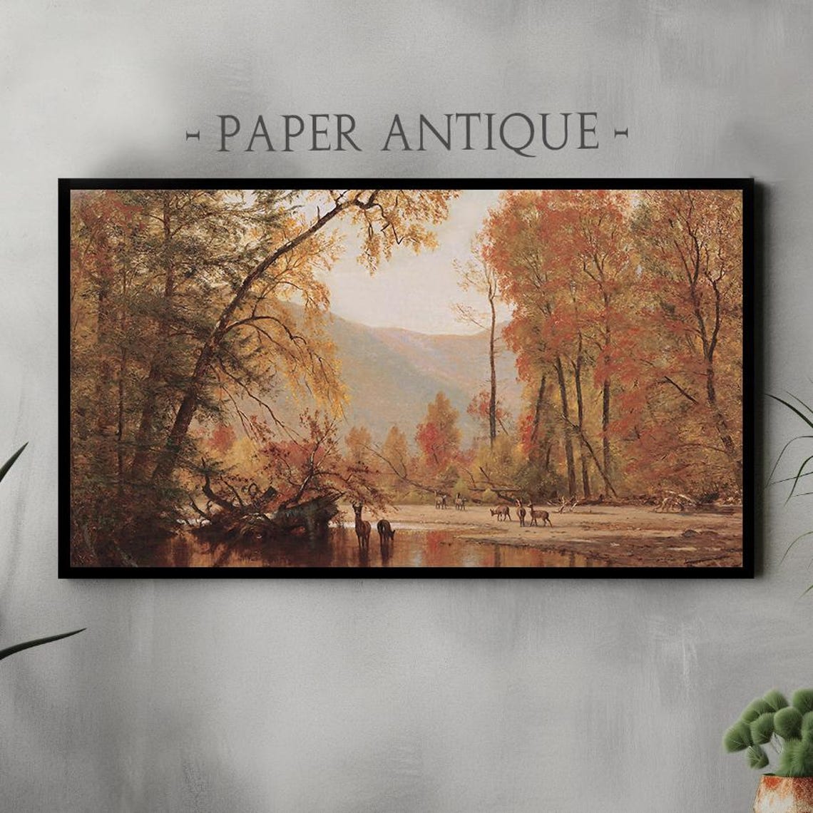 Deer Herd Autumn Riverbank Vintage Fall Wildlife Painting Poster