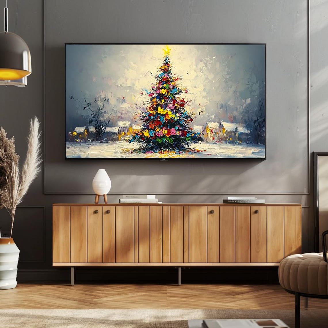 Vibrant Impressionist Christmas Tree Night Scene Oil Art Poster - Image 3