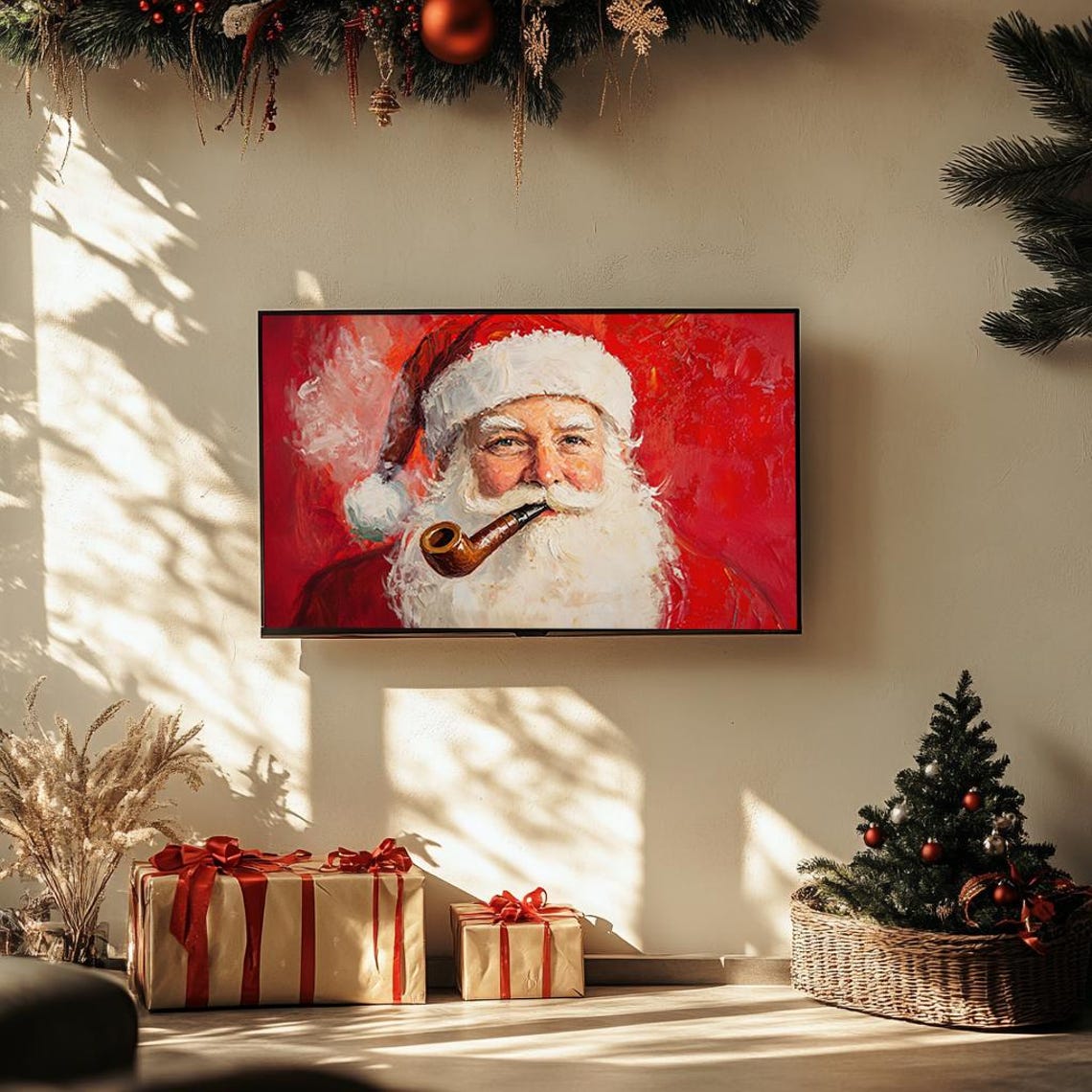 Classic Santa Smoking Pipe Oil Painting Bold Red Vintage Poster - Image 3