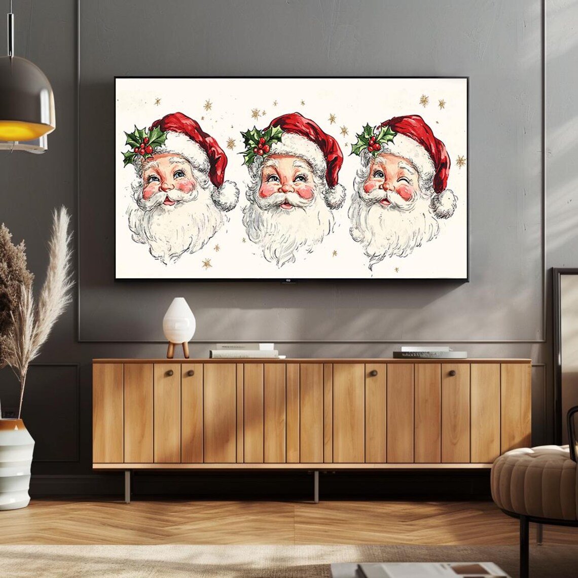 Vintage Santa Trio With Holly And Snowflakes Festive Christmas Poster - Image 4