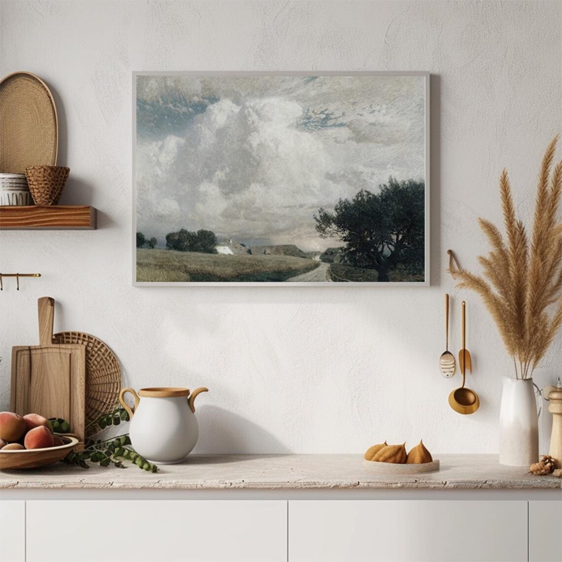 Country Road Farmhouses Dramatic Cloudy Sky Rural Painting Poster - Image 4