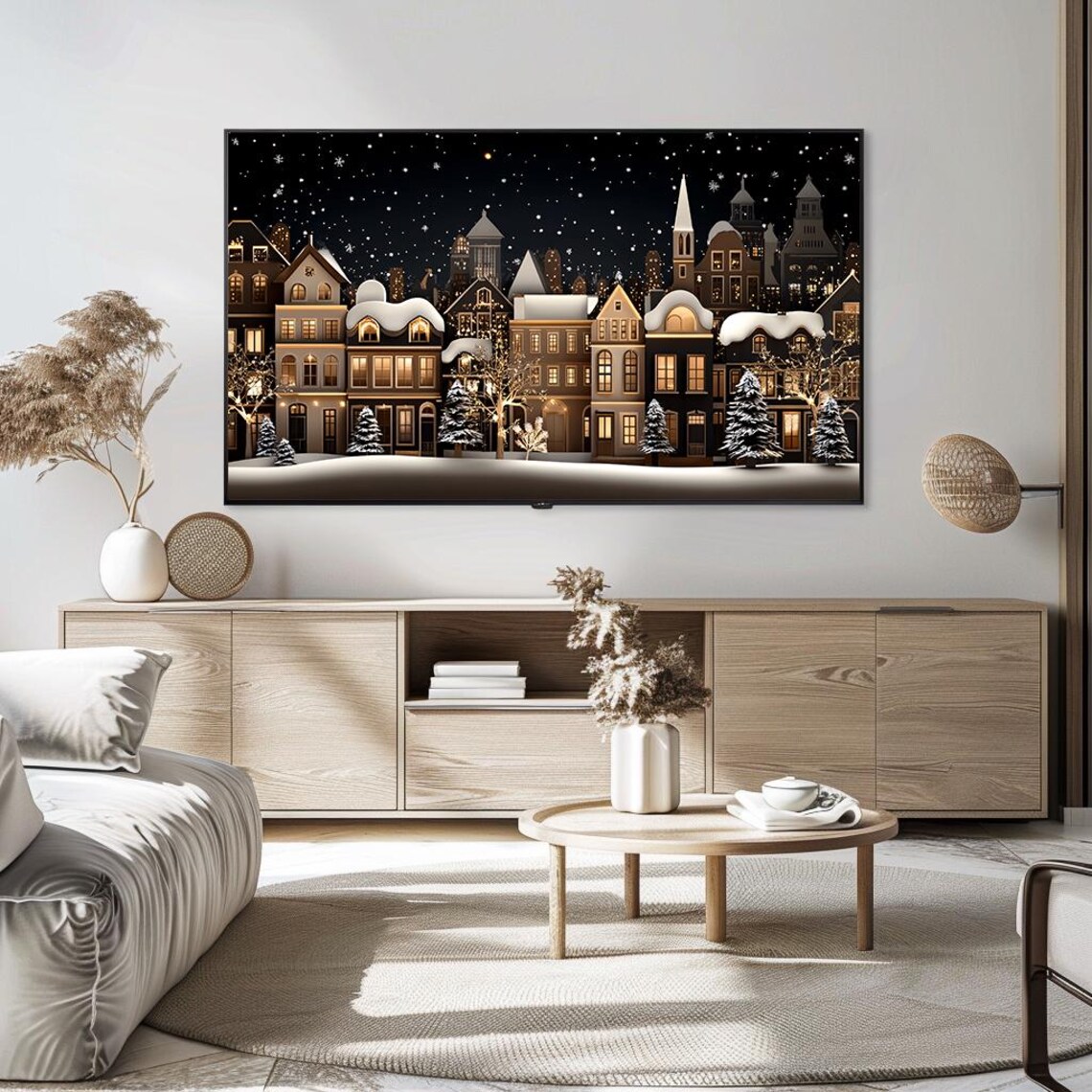 Festive Snowy Christmas Village Night Scene Warm Lights Poster - Image 5
