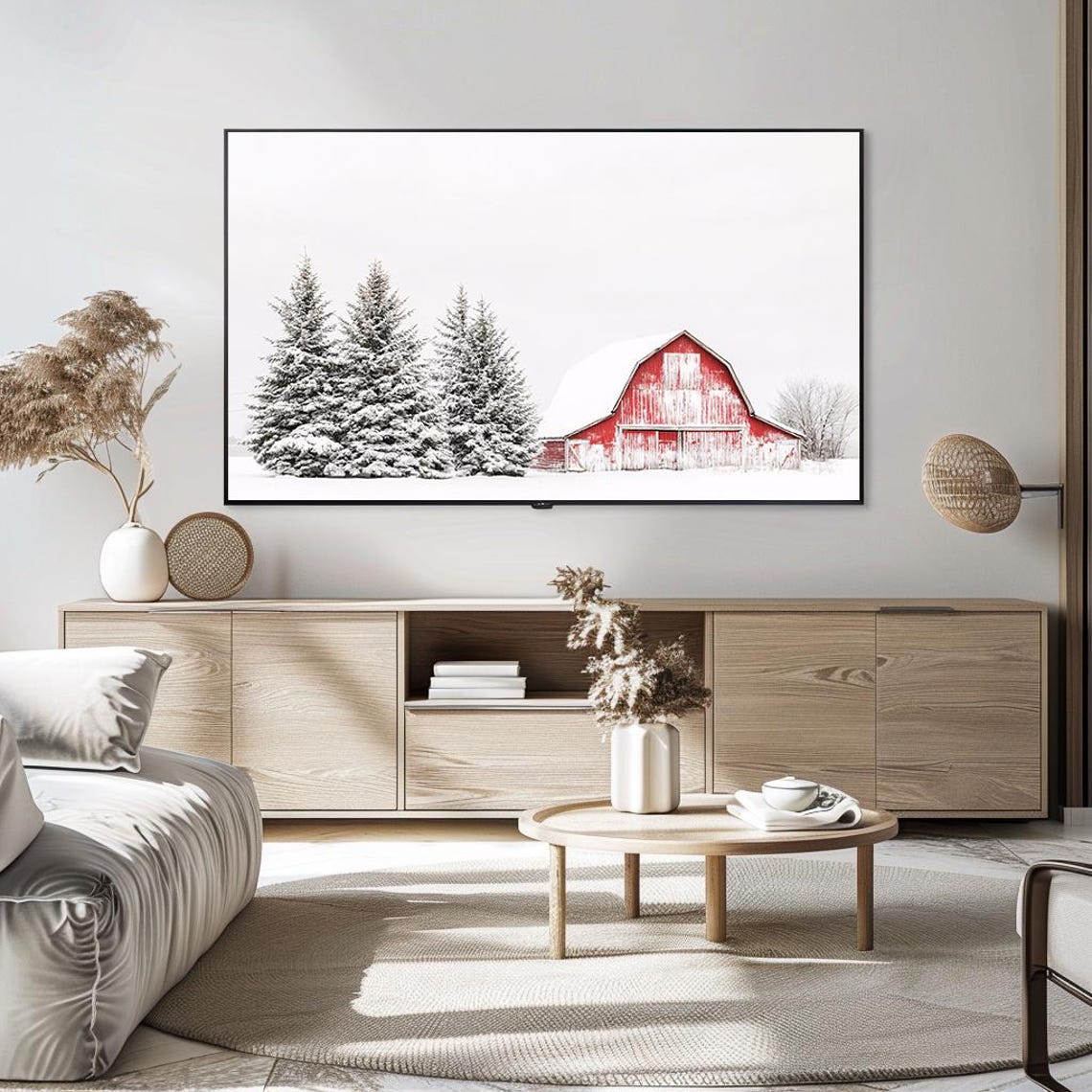 Snowy Red Barn With Evergreen Trees Bright Winter Panorama Poster - Image 5