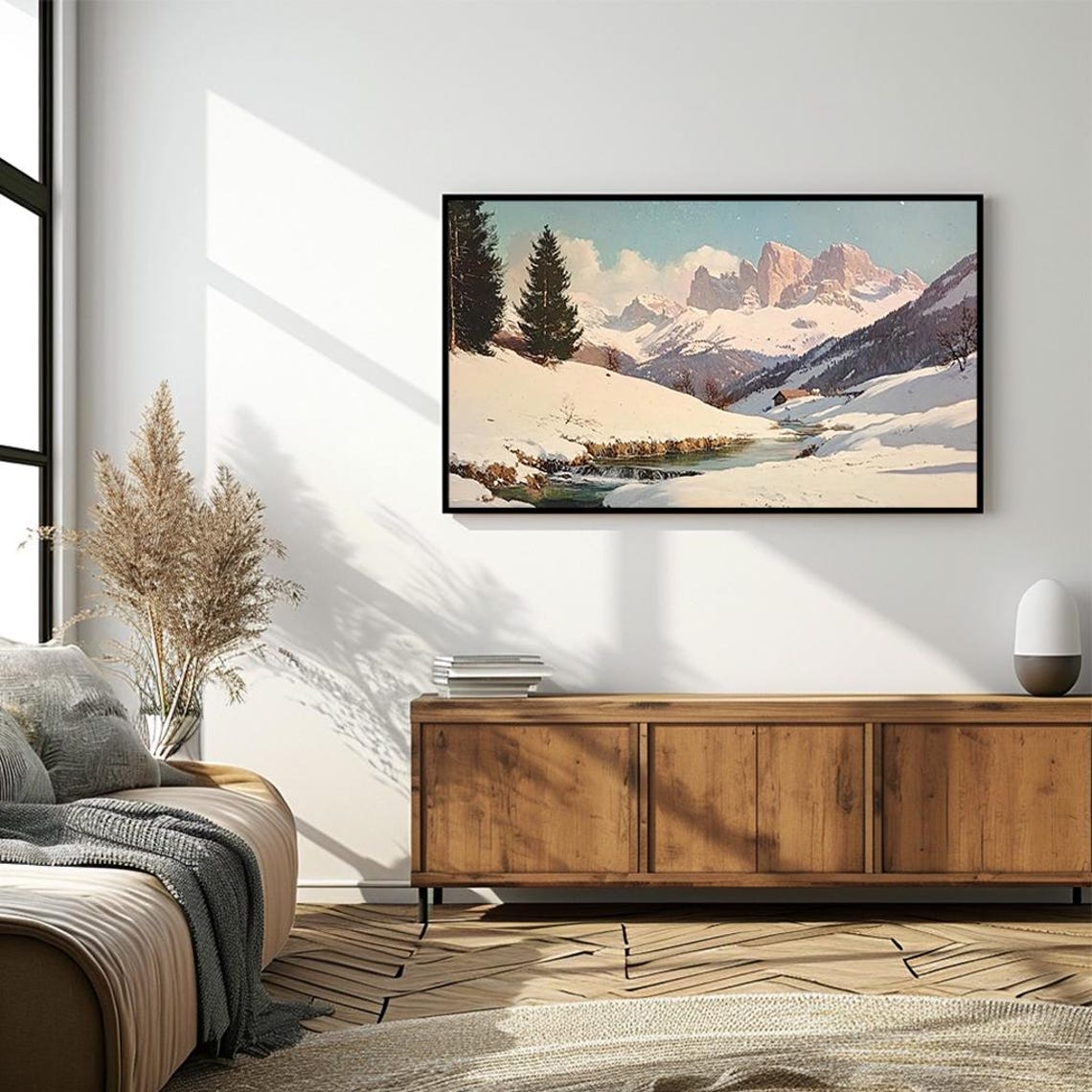 Snowy Alpine Valley Mountain Stream Winter Landscape Art Poster - Image 4