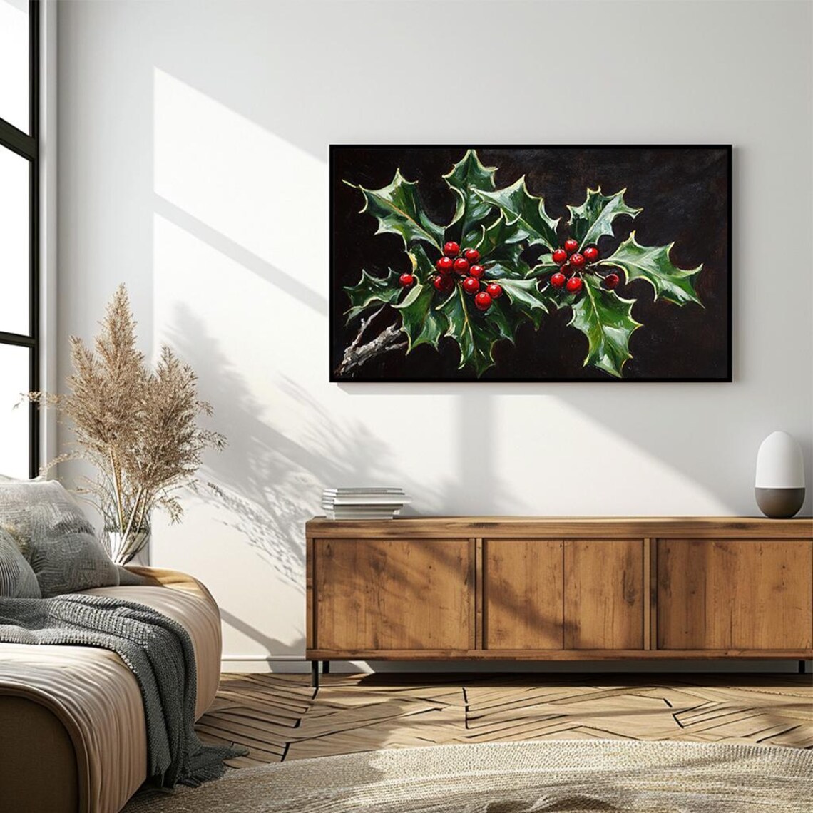Holly Leaves Red Berries Botanical Oil Painting Christmas Poster - Image 4