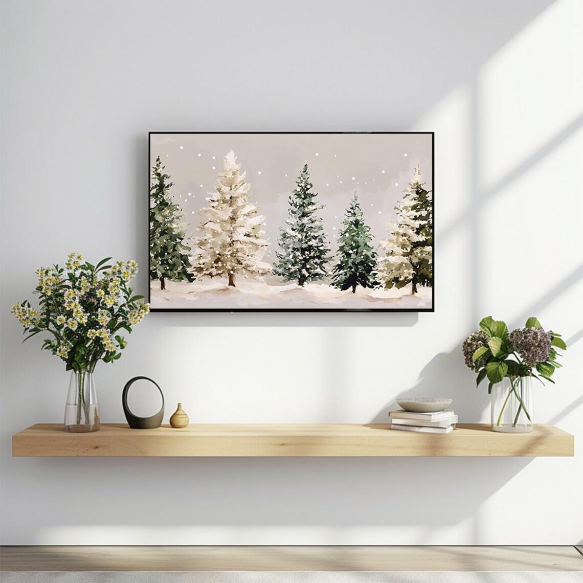 Snow Covered Evergreen Trees Falling Snow Watercolor Winter Poster - Image 2