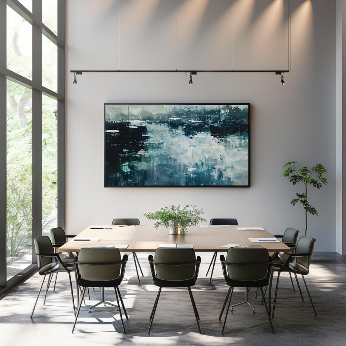 Abstract Moody Blue Seascape Harbor Boats Impressionist Poster - Image 3