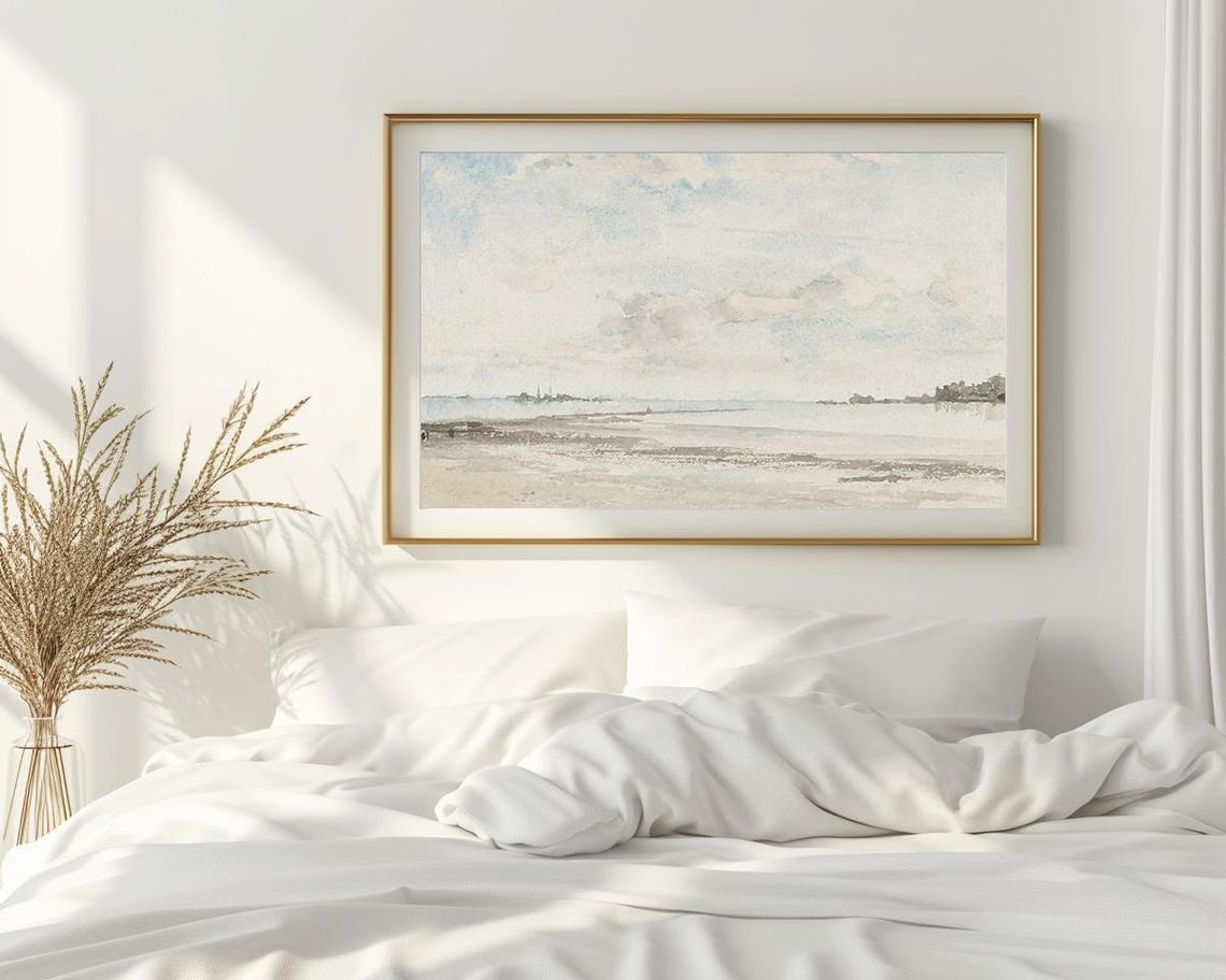 Calm Coastal Shoreline Watercolor Pale Sky Seaside Scene Poster - Image 2