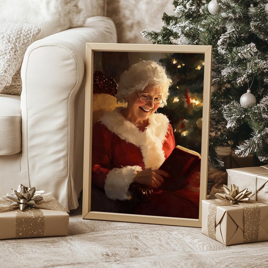 Smiling Mrs Claus Reading By The Christmas Tree Cozy Holiday Poster - Image 4