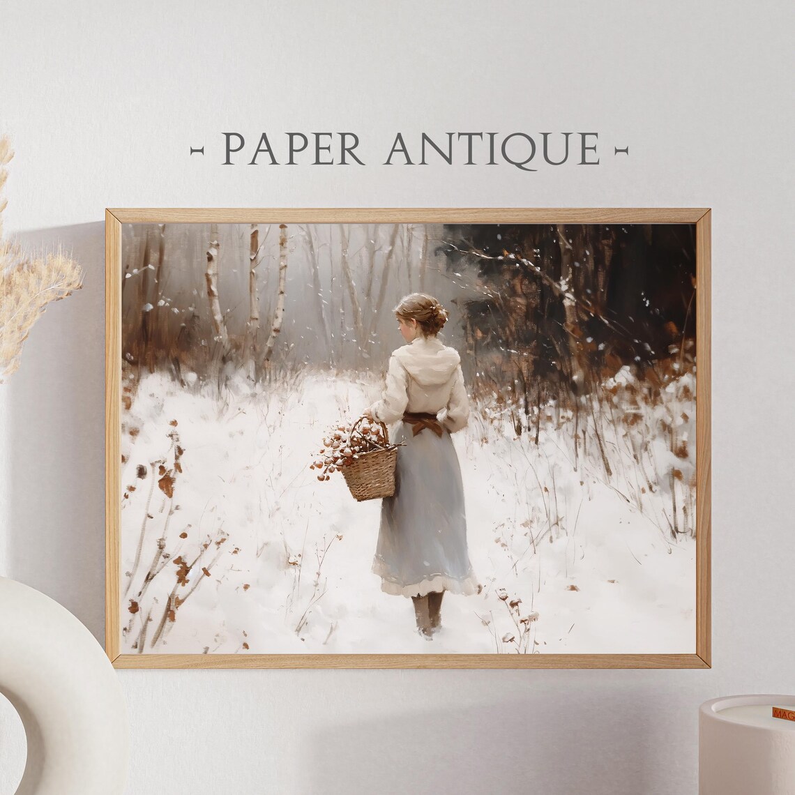 Woman with Basket in Snowy Winter Birch Forest Vintage Painting Poster