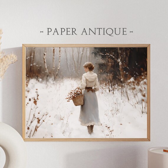 Woman with Basket in Snowy Winter Birch Forest Vintage Painting Poster