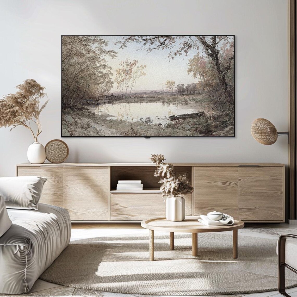 Still Pond Rowboat Quiet Vintage Lake Landscape Oil Painting Poster - Image 5