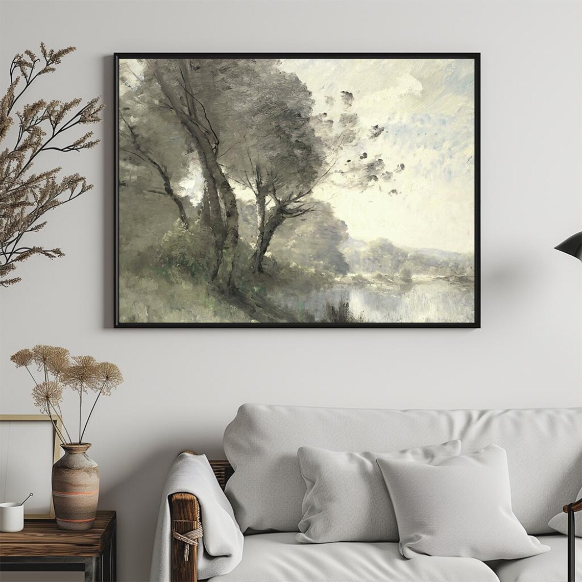 Peaceful Riverbank Trees Misty Water Morning Light Painting Poster - Image 5