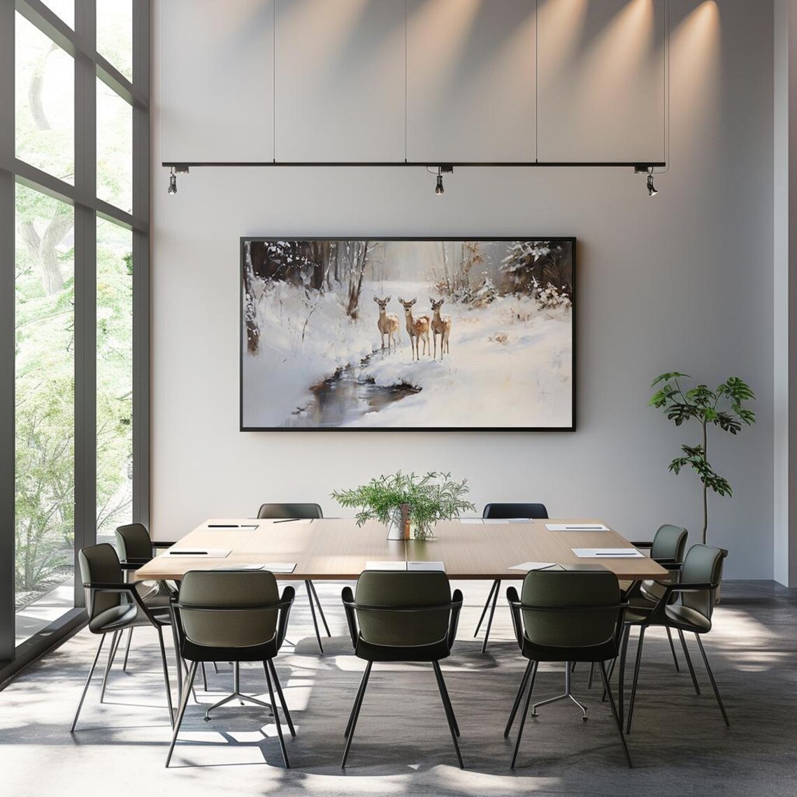 Winter Deer Painting Trio of Fawns in Snowy Forest Landscape Poster - Image 3