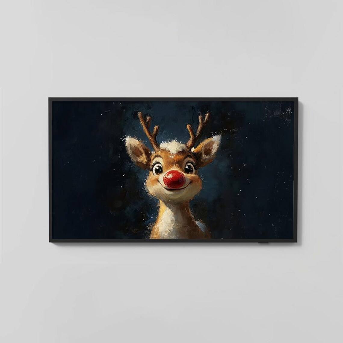 Smiling Red Nosed Reindeer Portrait Starry Christmas Art Poster - Image 2